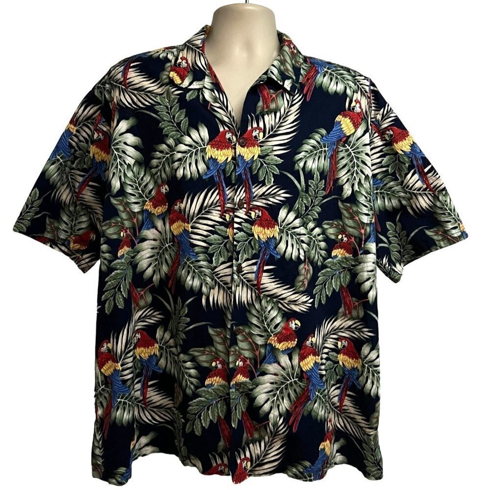 Aloha Republic Hawaiian Button Up Shirt Parrot Jungle All Over Animal Print 2XL